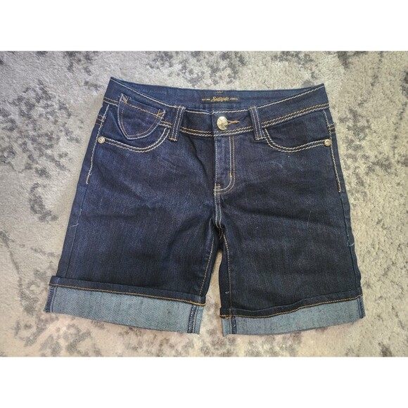 Southpole Pants - SOUTHPOLE Jean Shorts Womens Dark Blue Wash Hip Hop Y2K Embroidered Size 9